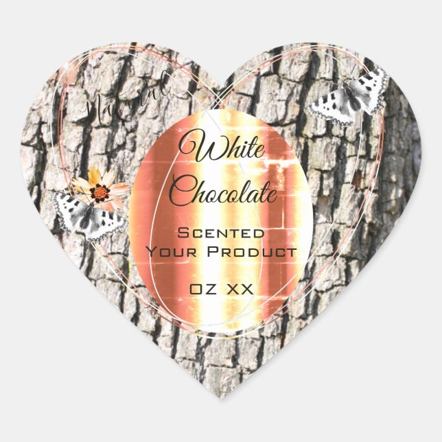 White Wood Product Label Rose Gold Frame Butterfly Herz-Aufkleber (Vorderseite)