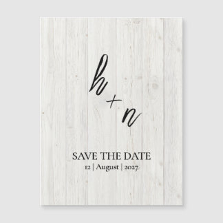 White Wood Save the Date Minimalistic Initials Magnetkarte