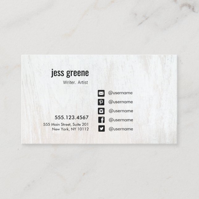 White Wood Social Media Icons Business Card Visitenkarte (Vorderseite)