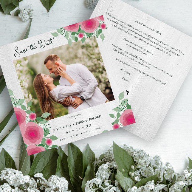White Wood Spring Blooming Pink Shades Wedding Save The Date (White Wood Spring Blooming Pink Shades Wedding Photo Save the Date Card with Envelope.)