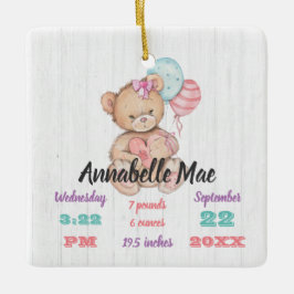 White Wood & Teddy Bear Baby Girl Birth Keepake Keramikornament