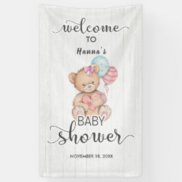 White Wood & Teddy Bear Girl Babydusche Willkommen Banner
