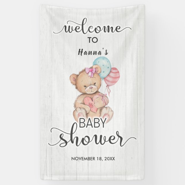 White Wood & Teddy Bear Girl Babydusche Willkommen Banner (Vertikal)