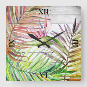 White Wood Tropical Garden Bird of Paradise Palm  Quadratische Wanduhr