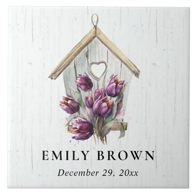 White Wooden Rustic Purple Tulip Floral Birdhouse  Fliese (Vorderseite)
