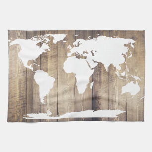 White World Map Rustic Holzplanks Geschirrtuch
