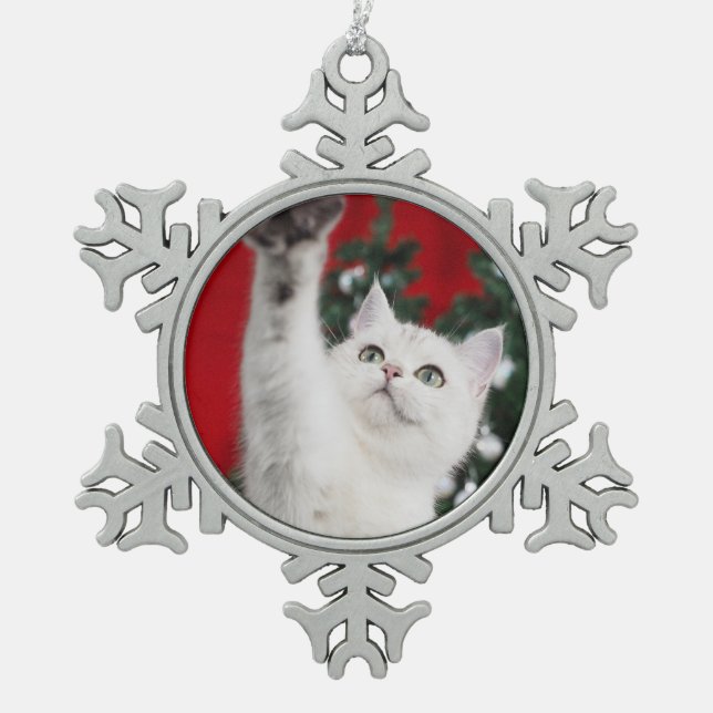 White XMAS Cat Schneeflocken Zinn-Ornament (Vorderseite)