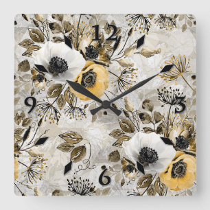 White, yellow anemones on a gray-brown background. quadratische wanduhr