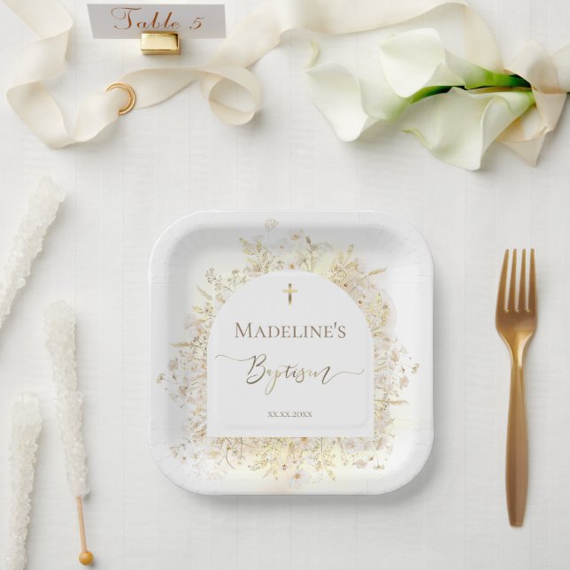 white yellow flowers Baptism  Pappteller (Hochzeit)