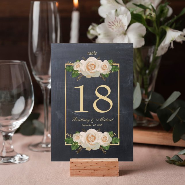 Whiteboard Gold Frame | Tabellenkarten Tischnummer (Elegant rustic chalkboard white rose table number card for your wedding reception decor. )