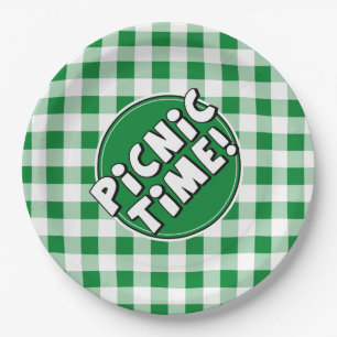 Whitepaper Picnic Time Green Gingham-Muster Pappteller