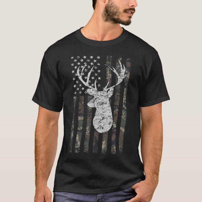Whitetail Buck Deer Jagd Camouflage US-Flagge T-Shirt (Vorderseite)