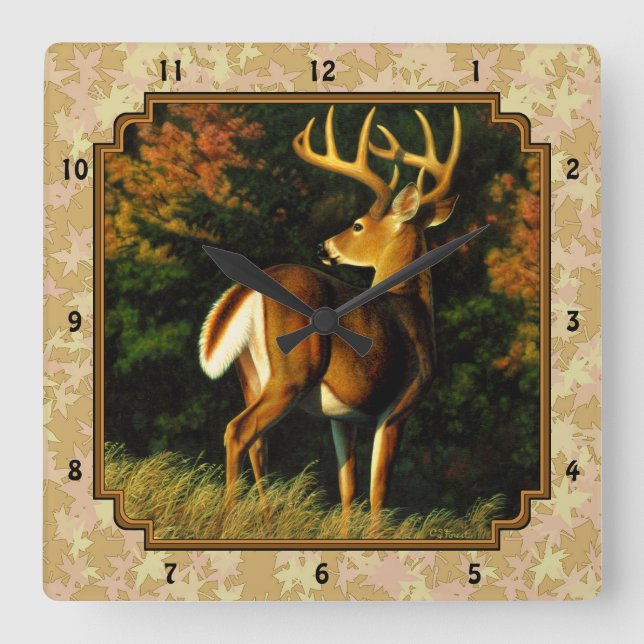 Whitetail Buck Herbstleaves Quadratische Wanduhr (Vorderseite)
