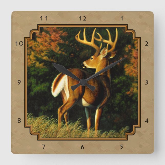 Whitetail Buck Hirsch Jagd Tan Quadratische Wanduhr (Vorderseite)