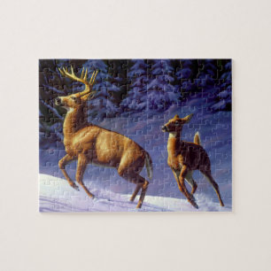 Whitetail Deer Buck & Dock im Winterschnee Puzzle