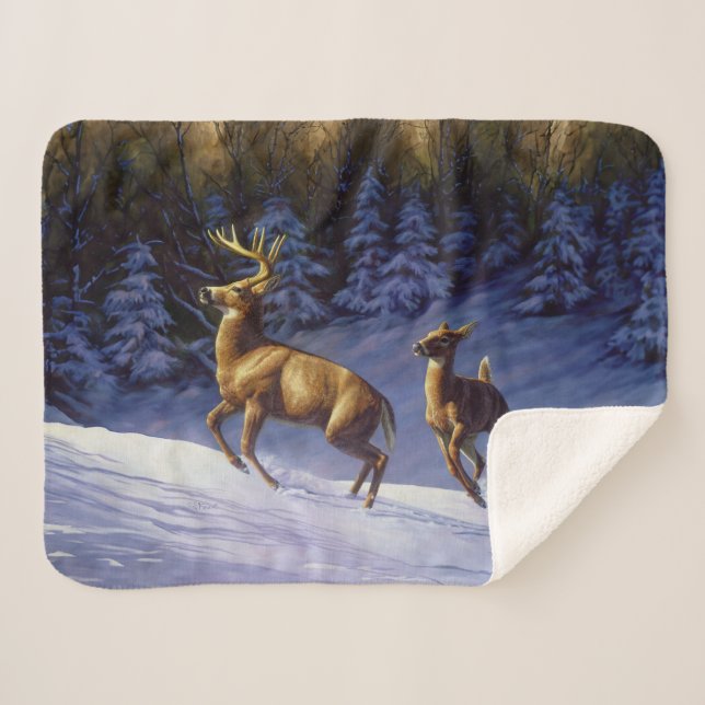 Whitetail Deer Buck & Dock im Winterschnee Sherpadecke (Vorderseite (Horizontal))