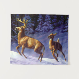 Whitetail Deer Buck & Dock im Winterschnee Wandteppich