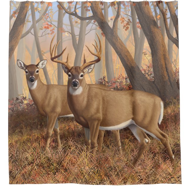 Whitetail Deer Buck & Dos Herbstmapelwald Duschvorhang (Vorderseite)