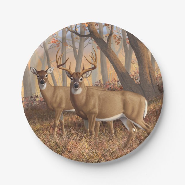 Whitetail Deer Buck & Dos Herbstmapelwald Pappteller (Vorderseite)