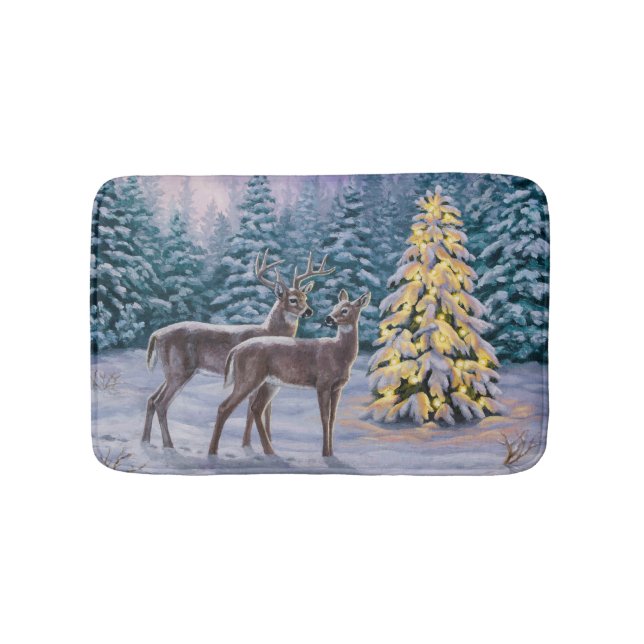 Whitetail Deer & Christmas Tree Winterlandschaft Badematte (Vorderseite)