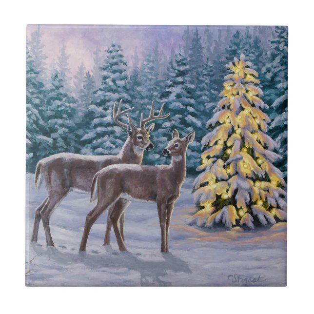 Whitetail Deer & Christmas Tree Winterlandschaft Fliese (Vorderseite)