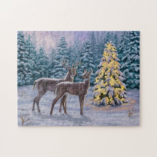 Whitetail Deer & Christmas Tree Winterlandschaft Puzzle (Horizontal)
