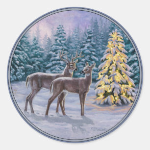 Whitetail Deer & Christmas Tree Winterlandschaft Runder Aufkleber