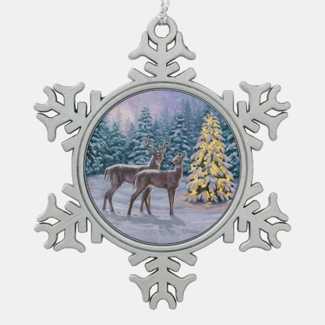 Whitetail Deer & Christmas Tree Winterlandschaft Schneeflocken Zinn-Ornament (Vorderseite)