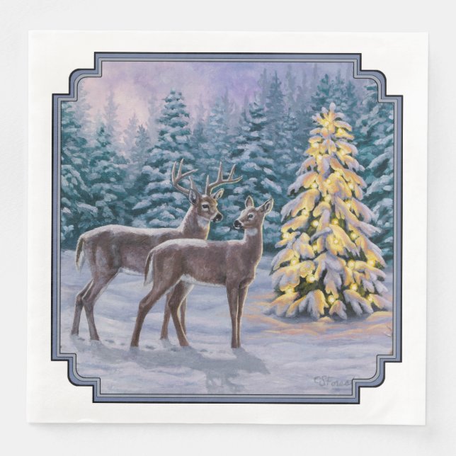 Whitetail Deer & Christmas Tree Winterlandschaft Serviette (Vorderseite)