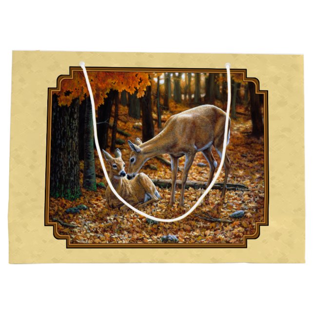 Whitetail Deer Fawn & Doe Yellow Große Geschenktüte (Rückseite)