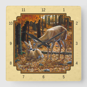 Whitetail Deer Fawn & Doe Yellow Quadratische Wanduhr