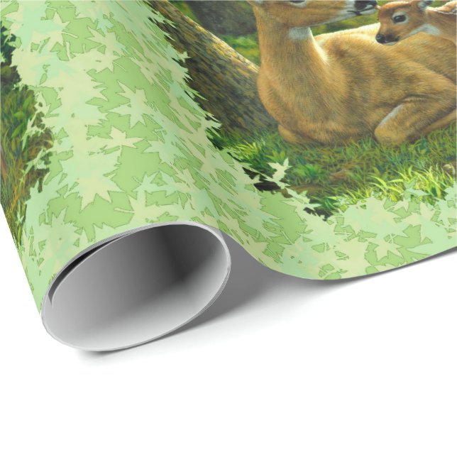 Whitetail Deer & Fawn Spring Blätter Geschenkpapier (Rolleneckpunkt)
