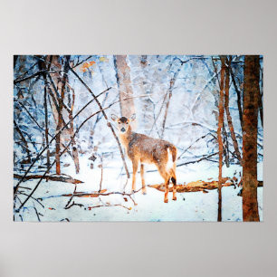 Whitetail Deer in Snow Wasserfarben Malerei Art Poster