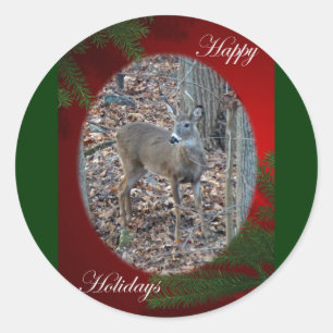 Whitetail Deer Spike Buck Happy Holidays Series Runder Aufkleber