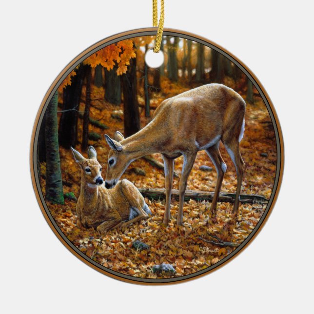Whitetail Deer und Fawn Autumn Keramikornament (Vorne)