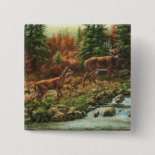 Whitetail Deer und Wasserfall Button