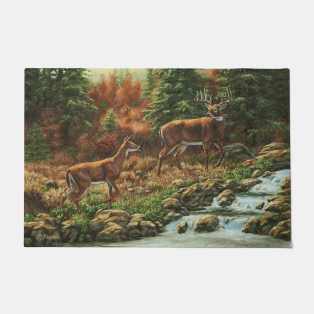 Whitetail Deer und Wasserfall Fußmatte (Vorderseite)