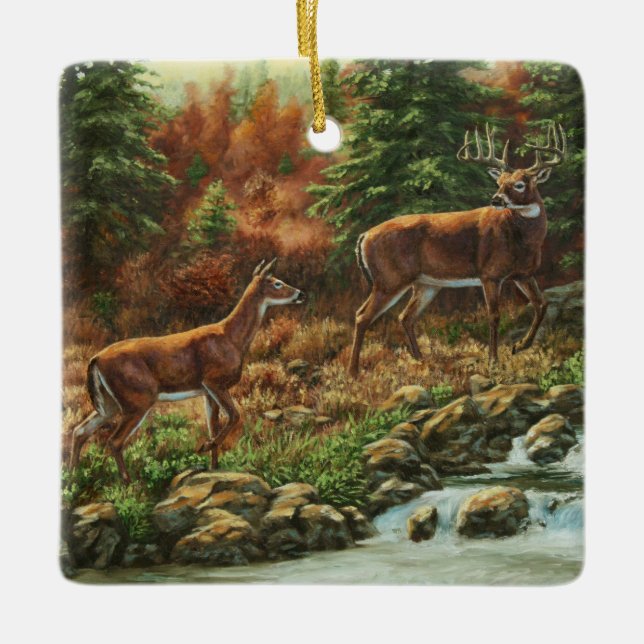 Whitetail Deer und Wasserfall Keramikornament (Vorderseite)