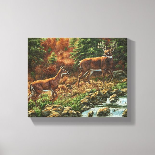 Whitetail Deer und Wasserfall Leinwanddruck (Vorderseite)