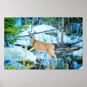 Whitetail Dez im Winter Schnee Wildlife Poster