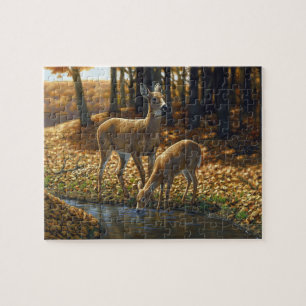 Whitetail Doe and Fawn Drinks aus einem Stream Puzzle