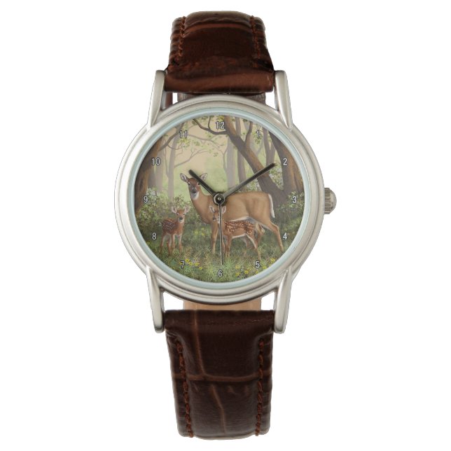 Whitetail Hirsch und Niedliche Zwillingsfaelder im Armbanduhr (Vorderseite)