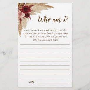 Who am I? Pampas Bridal Shower Game Card Flyer