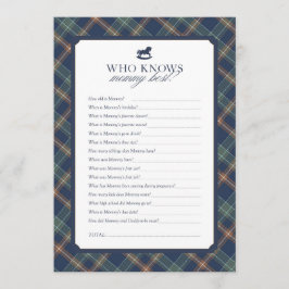Who Knows Mommy Best Baby Shower Game Navy Plaid Hinweiskarte