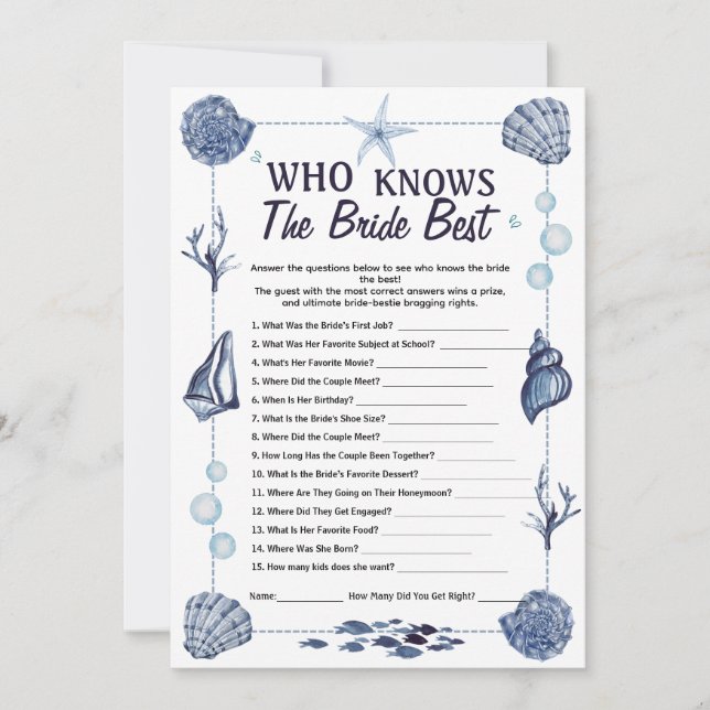Who Knows the Bride Best Game Nautical bridal  Einladung (Vorderseite)