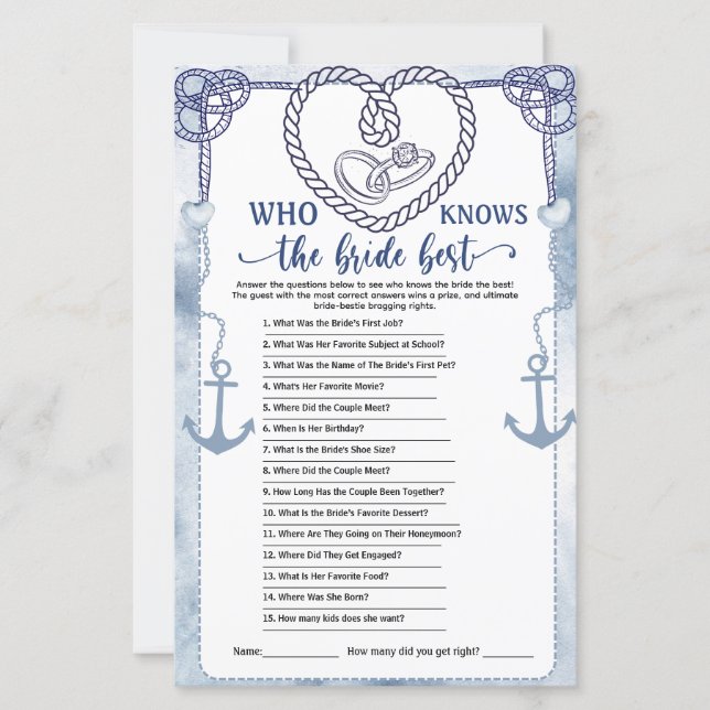 Who Knows the Bride Best Game Nautical Wedding (Vorderseite)