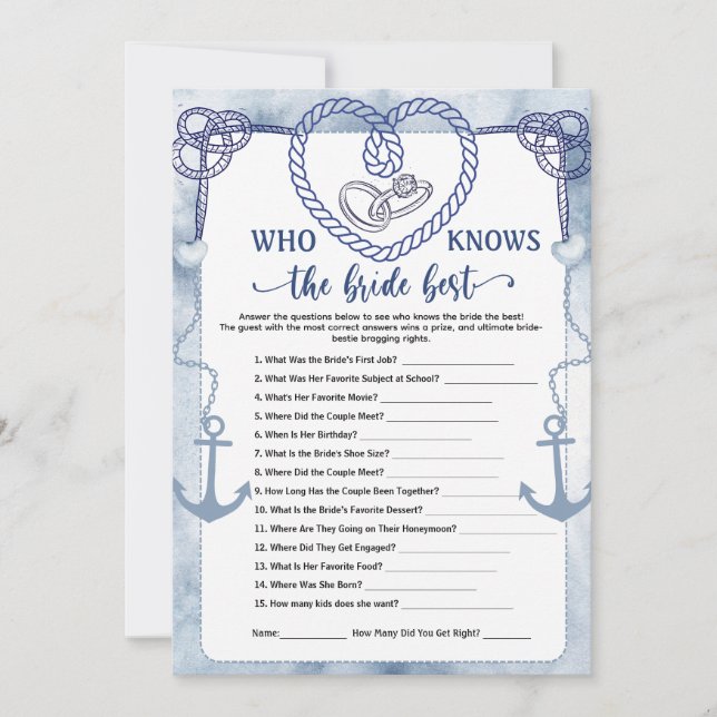 Who Knows the Bride Best Game Nautical Wedding  Einladung (Vorderseite)