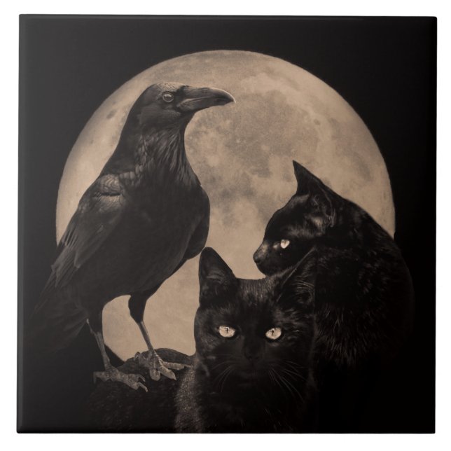 Wicca Cat, Raven and Moon Vintag Fliese (Vorderseite)