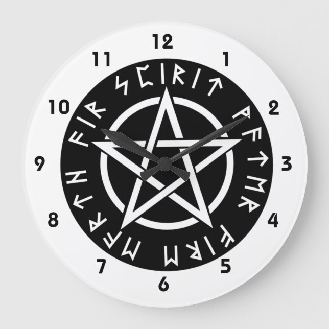 Wiccan Black Runic Pentagram Große Wanduhr (Vorderseite)