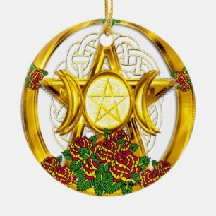 Wiccan heidnisches Pentagramm-Gold mit Rosen Keramik Ornament